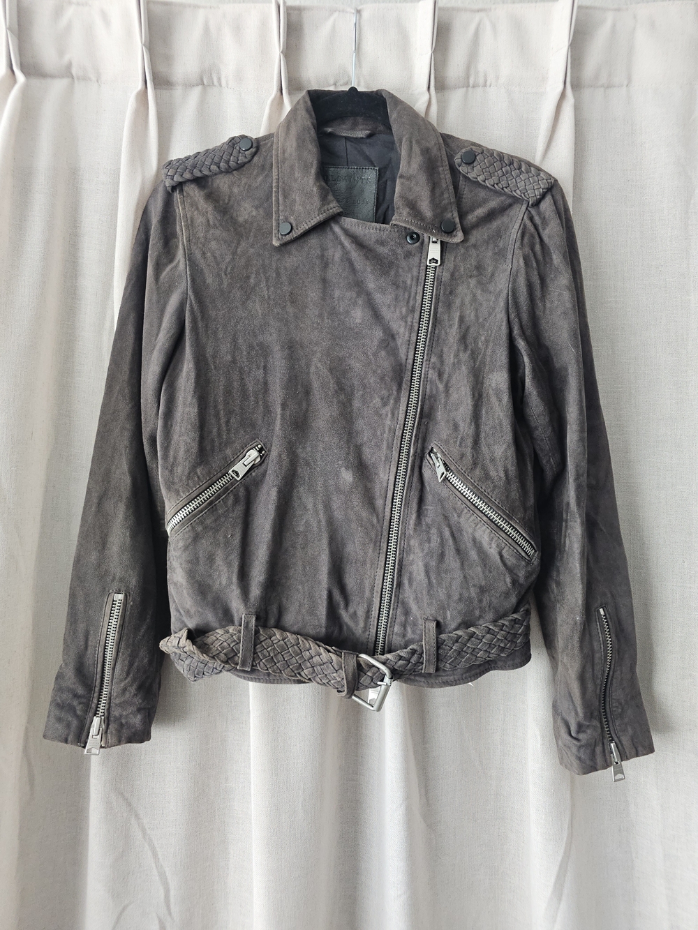 AllSaints Wyatt Braided Suede Biker Jacket Brown Moto US 6